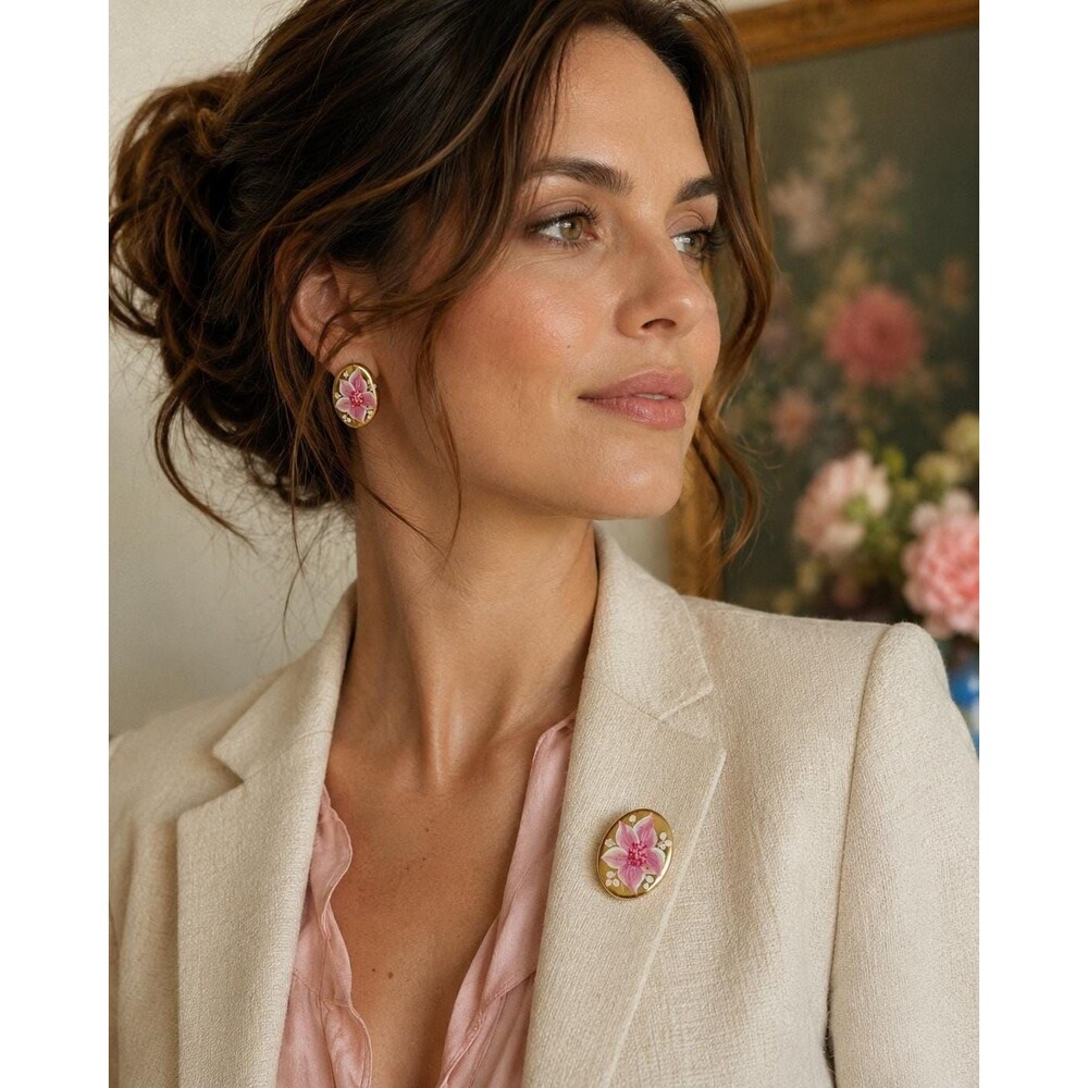 Vintage Hand Painted Floral Brooch & Clip Earring Set